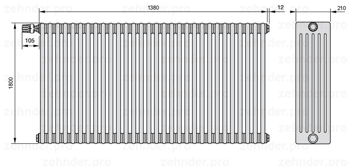 Схема (чертеж) Радиатор Zehnder Charleston 6180/30 №V012 Белый глянцевый RAL 9016